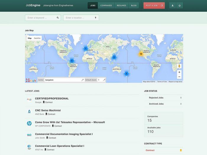 JobEngine | One More Cup of Coffee The JobEngine job map showing markers for available jobs. Below the map is a list of the latest jobs, and on the right there are is a job status widget as well as two boxes showing the number of companies and available jobs.