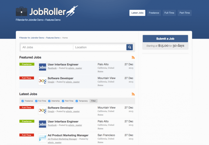 JobRoller | One More Cup of Coffee The JobRoller search engine showing a list of featured jobs and another one for the latest jobs. On the right is a "Submit a Job" button the price of one submission written under it.