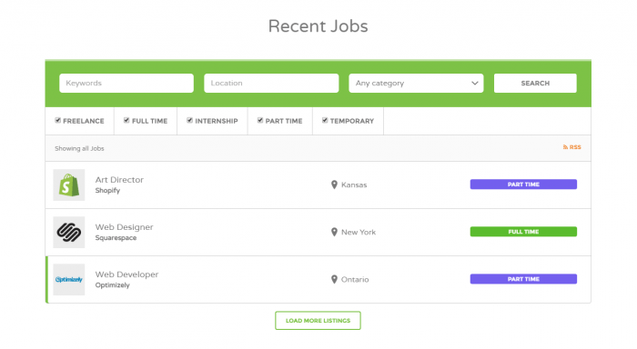 Jobify | One More Cup of Coffee The Recent Jobs search engine. It shows fields for the keywords, location, and category, followed by checkboxes for the job type, and then search results.