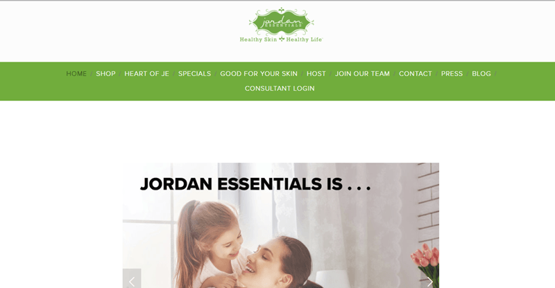 Jordan Essentials website screenshot showing a young mother and her daughter smiling at each other. 