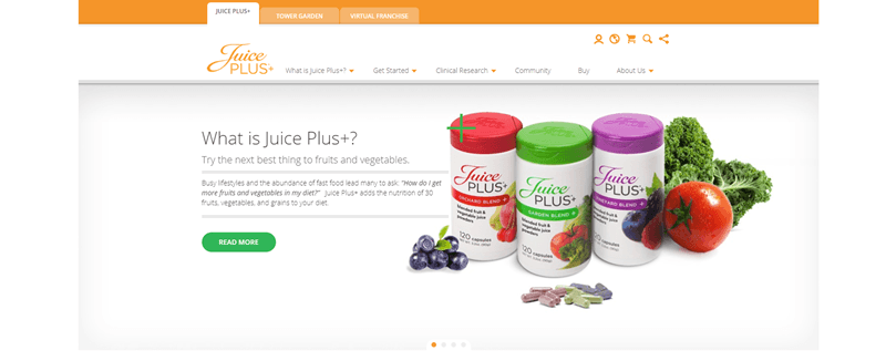 Juice Plus website screenshot showing three of the plant-based supplements, along with various fruit and vegetables. 