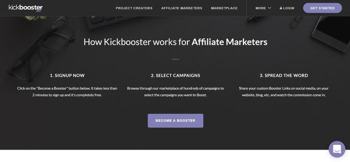 screenshot of the affiliate sign up page for Kickbooster