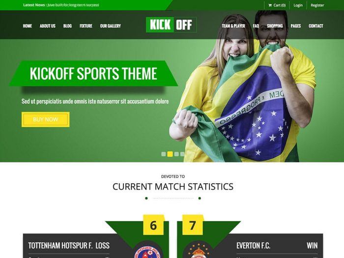 Kickoff Sports Club | One More Cup of Coffee The Kickoff theme's homepage showing a full-screen background image, a header menu, and a purchasing button at the center topped by a slogan.
