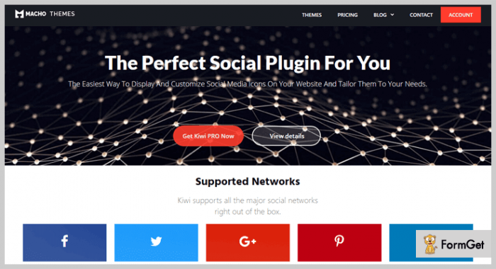 Kiwi | One More Cup of Coffee The Kiwi Pro download page on the Macho Themes website showing icons for some of the social networks that the plugin supports. These include Facebook, Twitter, Google+, Pinterest, and LinkedIn.