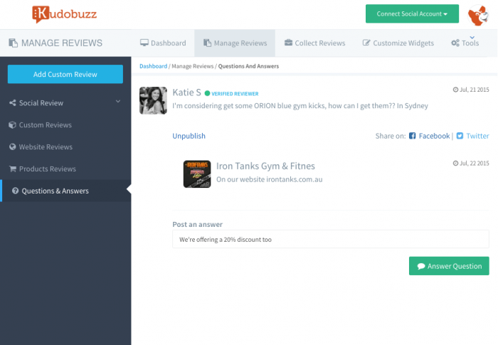 The plugin's Q&A section. Under the user's question (appears with the name and profile photo) is a field for the admin to answer the question. On the left are links to all the other sections (social review, custom reviews, website reviews, and product reviews).