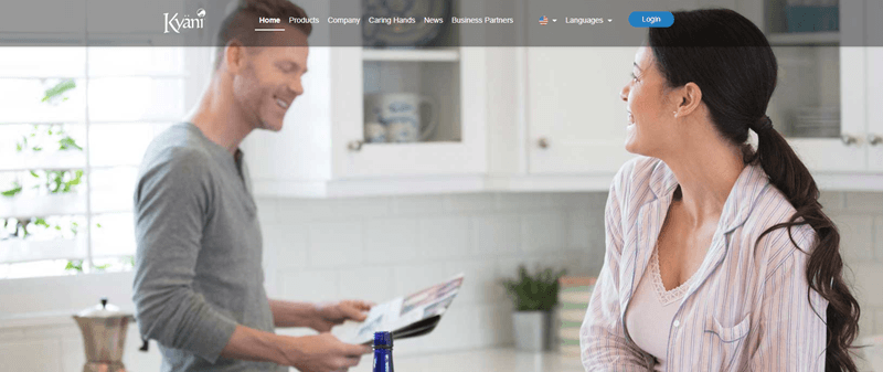 Kyani website screenshot showing a young couple in a well-lit kitchen. 