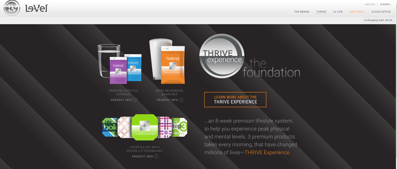 Le-Vel Thrive website screenshot showing a black background with capsules, shakes and patches from the company. 