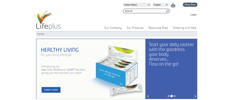 LifePlus website screenshot showing a box of Daily BioBasics Light Sachets. 