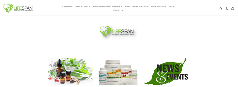 LifeSpan Global website screenshot showing an image of essential oils, one of the various products from the company and a link to news and events. 