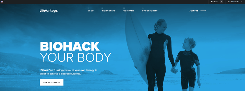 LifeVantage website screenshot featuring a mother and son walking away from the beach, with the mother holding a surfboard. 