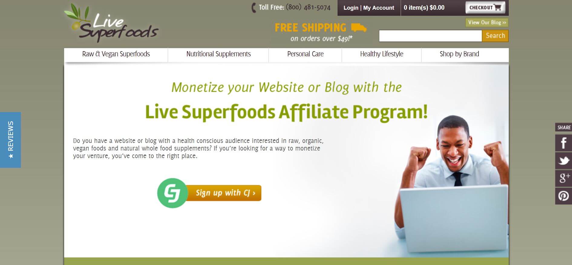 screenshot of the affiliate sign up page for Live Superfoods