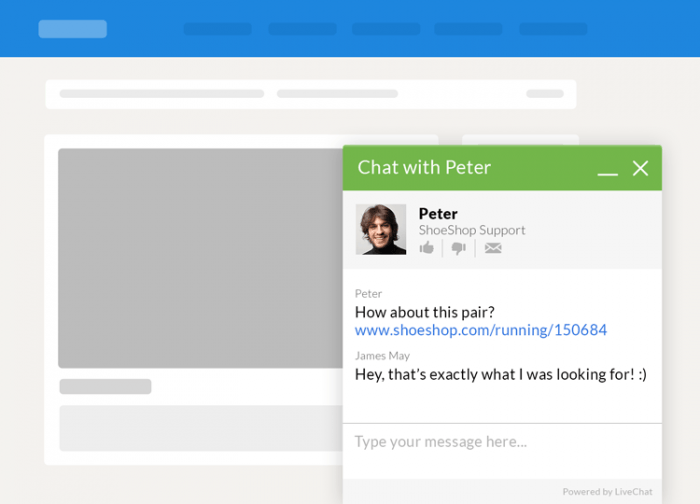 LiveChat | One More Cup of Coffee The chat window as it appears on the customer's side. It shows the agent's name, photo, and the company name.