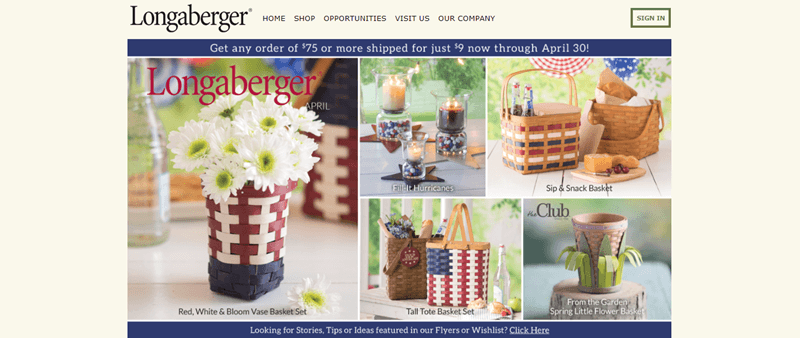 Longaberger website screenshot showing five images that feature their various baskets. 