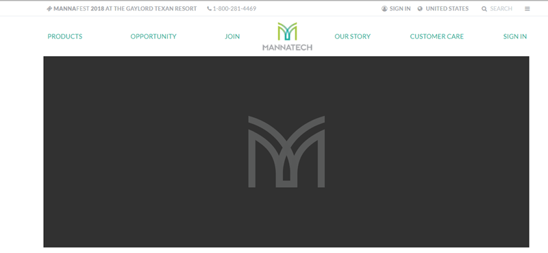 Mannatech website screenshot showing a black background with a gray logo for Mannatech. 