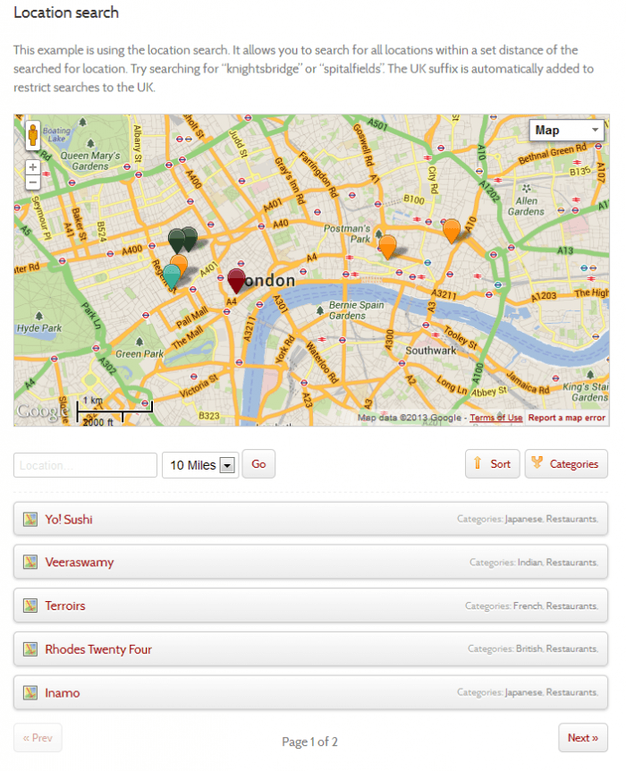 Map List Pro | One More Cup of Coffee The "location search" page with a description of the function beneath the title. Then appears a Google Maps box, and at the bottom are the search fields. There are fields for the name and distance, and then there is list of search results.