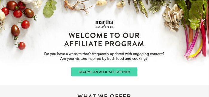 screenshot of the affiliate sign up page for Martha & Marley Spoon