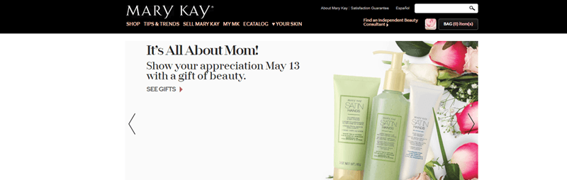 Mary Kay website screenshot showing three products from the company and various flowers. 