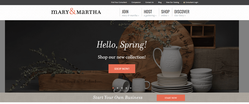 Mary & Martha website screenshot showing white plates, bowls, mugs and a pitcher, along with other tabletop items.