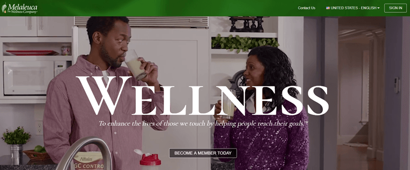 Melaleuca website screenshot showing a couple standing in a kitchen drinking milk.