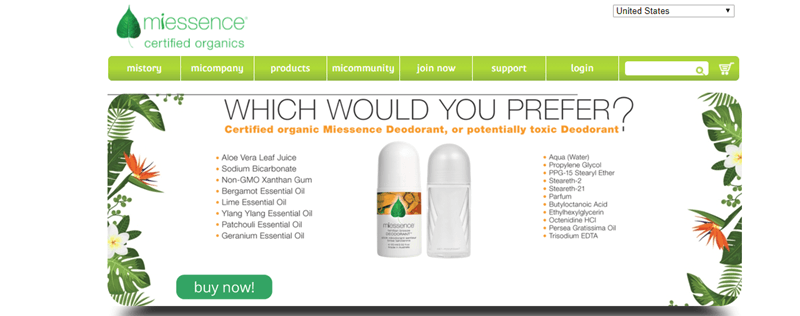 Miessence website screenshot showing two types of deodorant and various ingredients for each. 