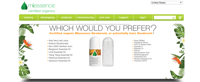 Miessence website screenshot showing a comparison of two deodorants, along with the phrase ‘which would you prefer’. 