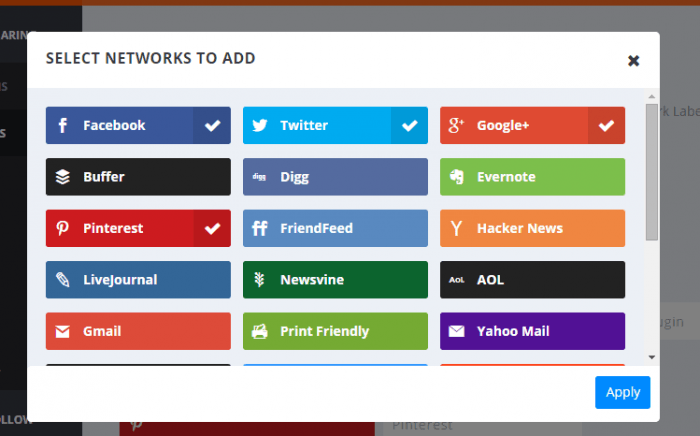 Monarch | One More Cup of Coffee A window inside the Monarch plugin dashboard titled "Select Networks to Add" showing icons for the available social networks with the ones selected ticked on the right.