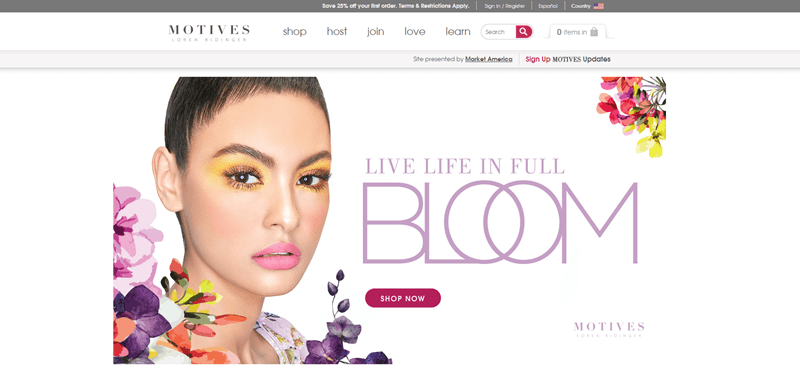 Motives Cosmetics website screenshot showing a young woman with brightly colored eye making and various flowers around her. 