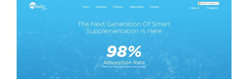 My Daily Choice website screenshot showing a light blue background with scientific images. The text talks about ‘the next generation of smart supplementation’. 