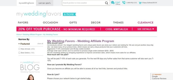 screenshot of the affiliate sign up page for My Wedding Favors