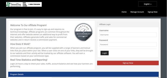 screenshot of the affiliate sign up page for Natural Zing