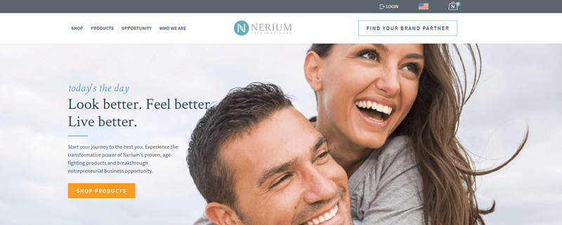 Nerium website screenshot showing a young couple outside and grinning. 