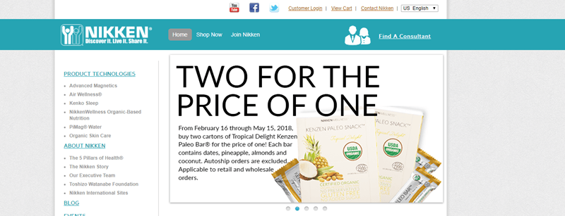 Nikken website screenshot showing an image of their paleo snacks, along with information about getting two for the price of one. 