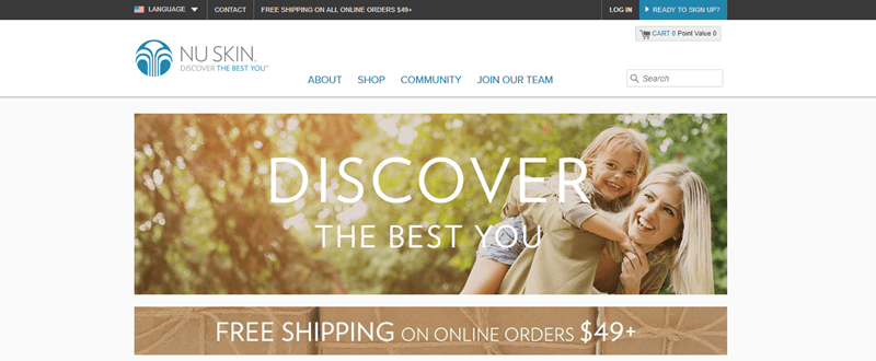 Nu Skin website screenshot showing a young mother and her son outside and grinning. 