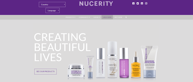 NuCerity website screenshot showing seven of their products against a gray background. There is white text that reads ‘Creating Beautiful Lives’. 