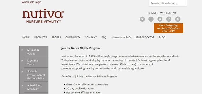 screenshot of the affiliate sign up page for Nutiva