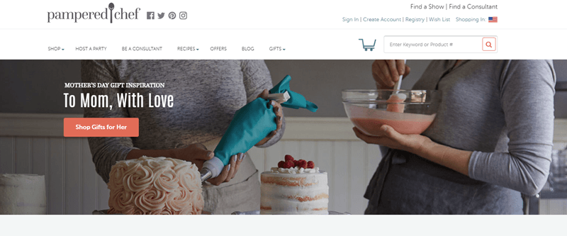 Pampered Chef website screenshot showing the torsos of two women who are working on creating cakes. 