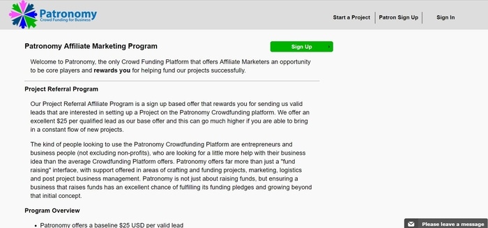 screenshot of the affiliate sign up page for Patronomy