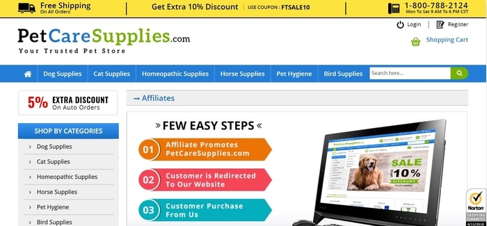 screenshot of the affiliate sign up page for Pet Care Supplies