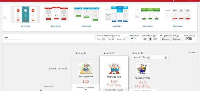 The plugin's table builder. At the top are the templates, and at the center appears the selected template. Above the selected template is a toolbar enabling the admin to adjust the table's layout. 