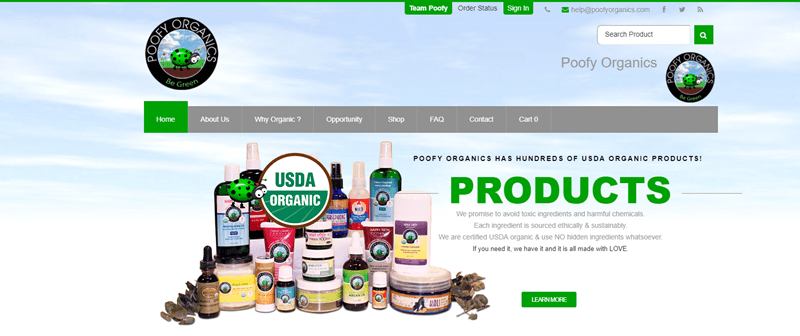 Poofy Organics website screenshot showing a large collection of products with the USDA organic logo overlaid. 