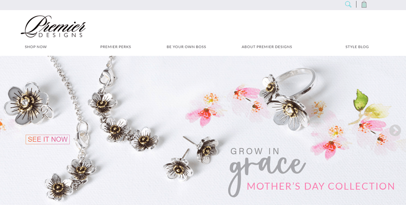 Premier Designs website screenshot showing a Mother’s Day Collection that includes various pieces of jewelry in the shape of flowers. 