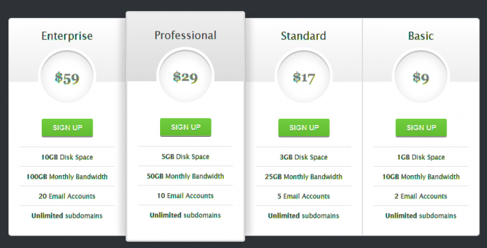 A sample of the plugin's pricing table designs. It has 4 columns, each showing a title, price, action button, and then the details.