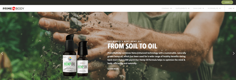 Prime My Body website screenshot showing a man’s arms working with soil. 