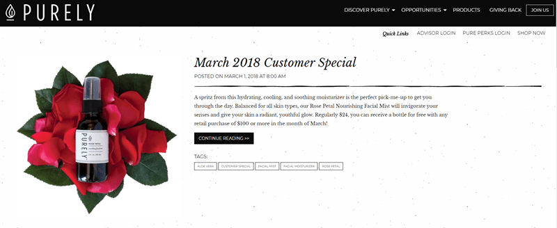 Purely website screenshot showing details about a March 2018 special, an image of a flower and a spray from the company. 