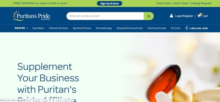 screenshot of the affiliate sign up page for Puritans Pride