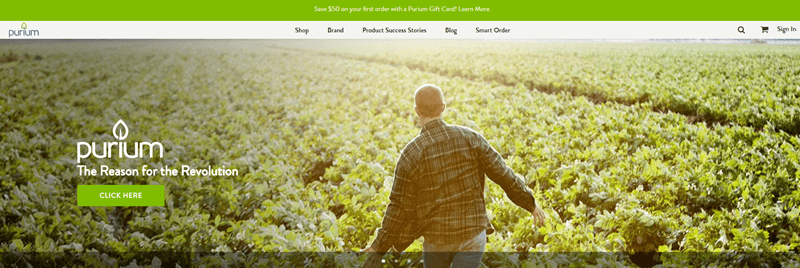 Purium website screenshot showing a man in a large green field. 