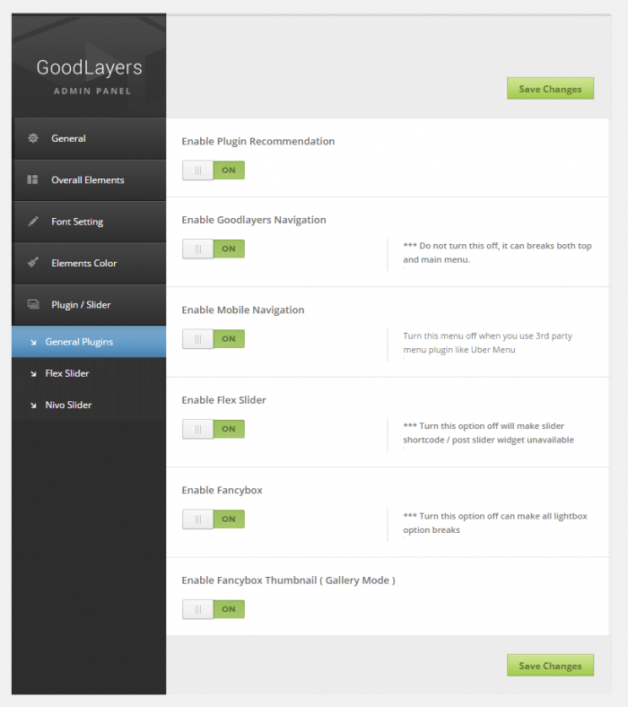 Real Soccer | One More Cup of Coffee The plugin's special admin panel open on the "General Plugins" tab. There is an on/off button for each integrated plugin.