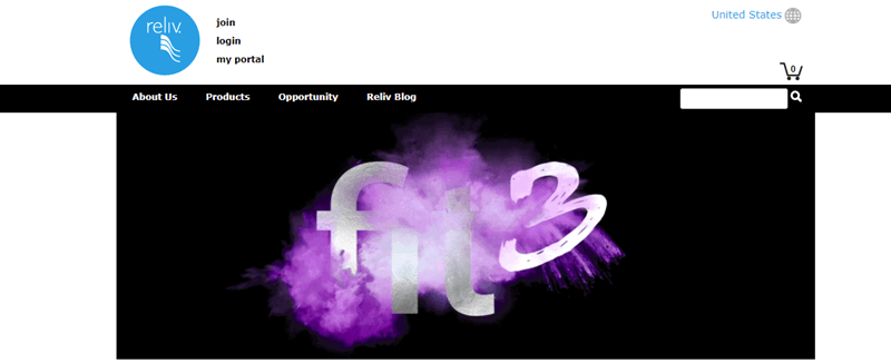 Reliv International website screenshot showing a black background, a purple explosion and the phrase fit 3. 