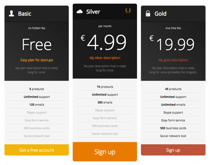 A sample of the plugin's pricing table designs. It compares three pricing plans, each with a title, icon, the details, and an action button at the bottom.