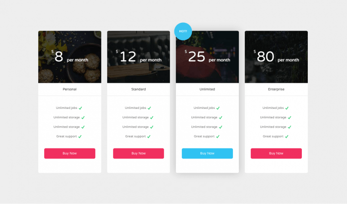 A pricing table showing 4 plans. Each of the headers has a background image faded behind the text, and below that is a cell for the title followed by all of the details. Each cell shows a check icon next if the mentioned feature is available, and at the bottom comes the action button.